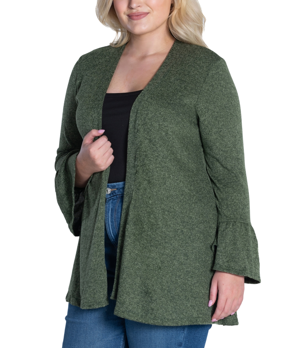 24seven Comfort Apparel Plus Size Bell Sleeve Open Cardigan Sweater