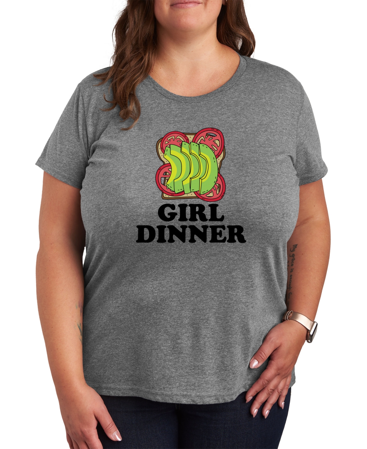 Air Waves Trendy Plus Size Girl Dinner Graphic T-shirt In Gray
