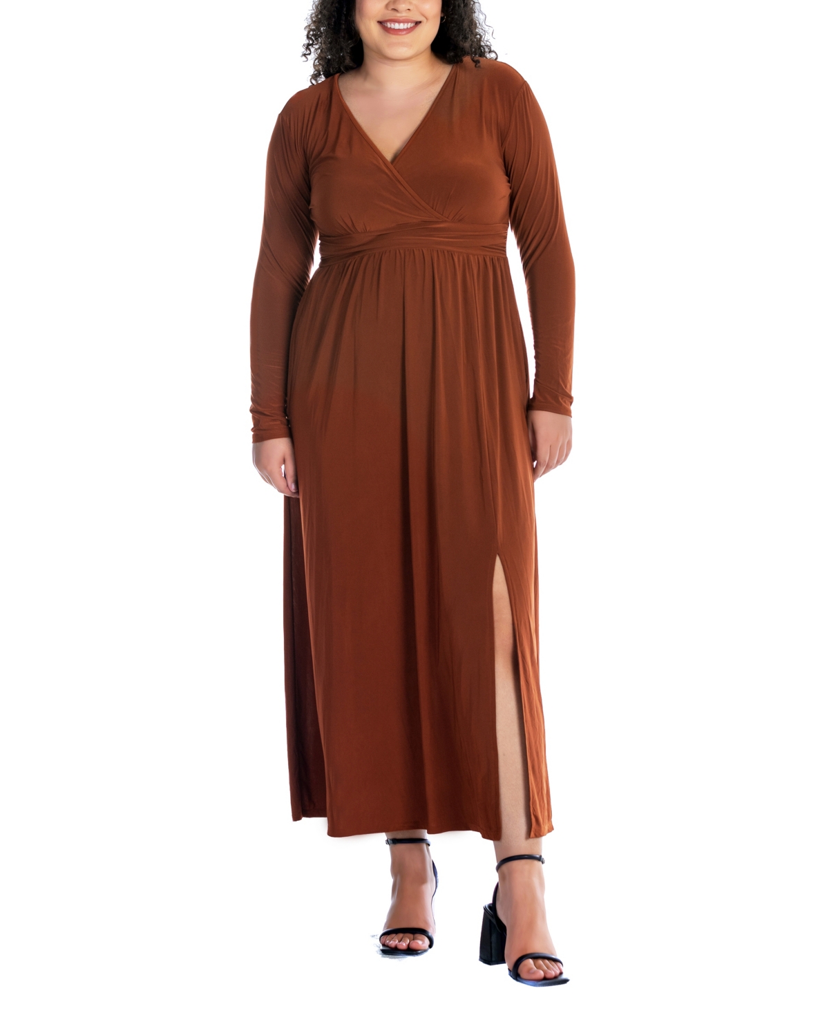 24seven Comfort Apparel Plus Size Long Sleeve V-neck Maxi Dress