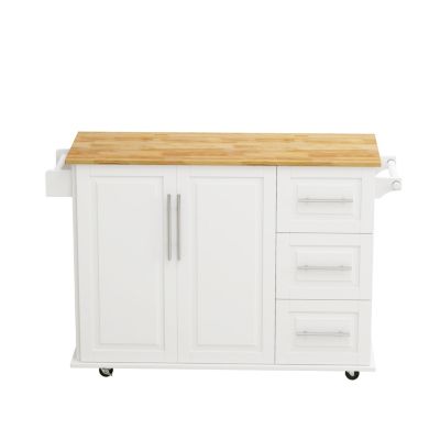 52" Solid Wood, E1 MDF Folding Desktop, 3 Drawers, Cabinet, Side Shelf, Locking Wheels Kitchen Island Cart