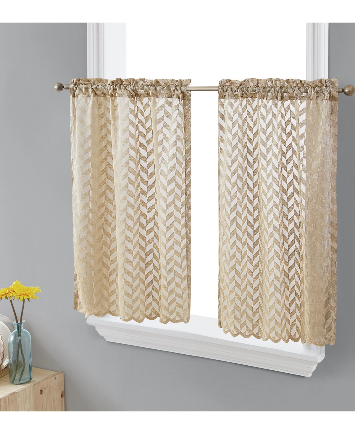 Herringbone Lace Sheer Kitchen Cafe Curtain Tiers for Small Windows & Bathroom - Taupe