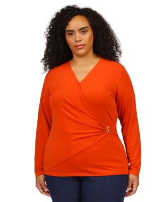 Michael Kors - Plus Size Faux-Wrap Logo-Hardware Top