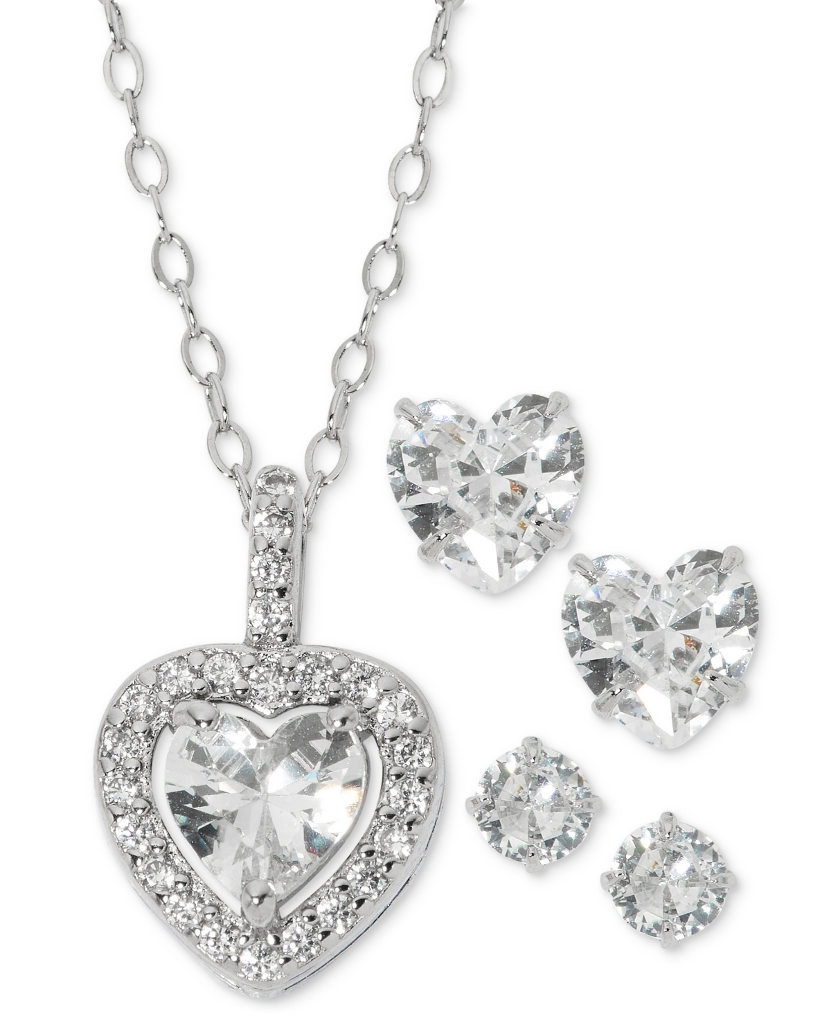 Giani Bernini 3-pc. Set Cubic Zirconia Heart Halo Pendant Necklace & Two Pair Solitaire Stud Earrings In Sterling In Silver