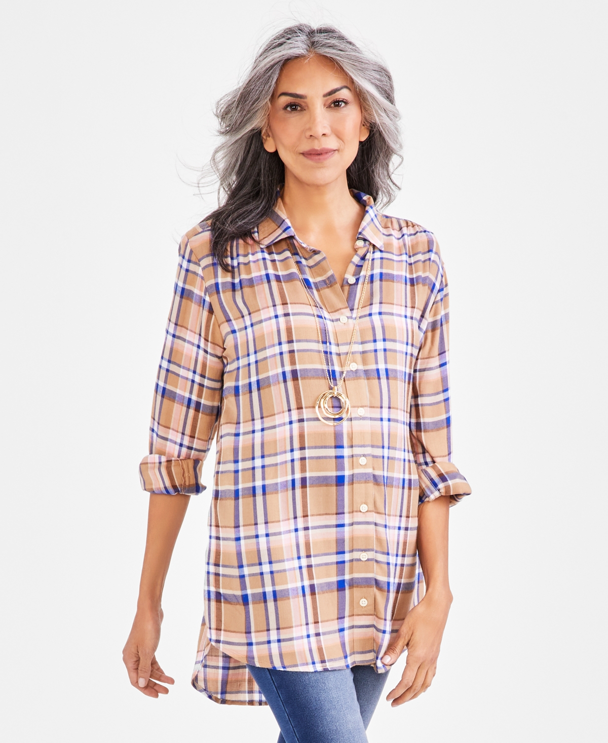 Style & Co Petite Payton Plaid Long-sleeve Boyfriend Tunic, Created For Macy's In Plaid Golden