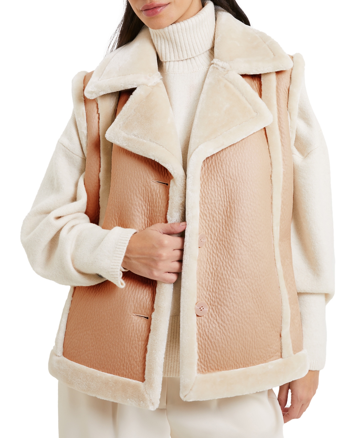 Shop French Connection Women's Belen Notch-collar Faux-fur Vest In Toasted Almond