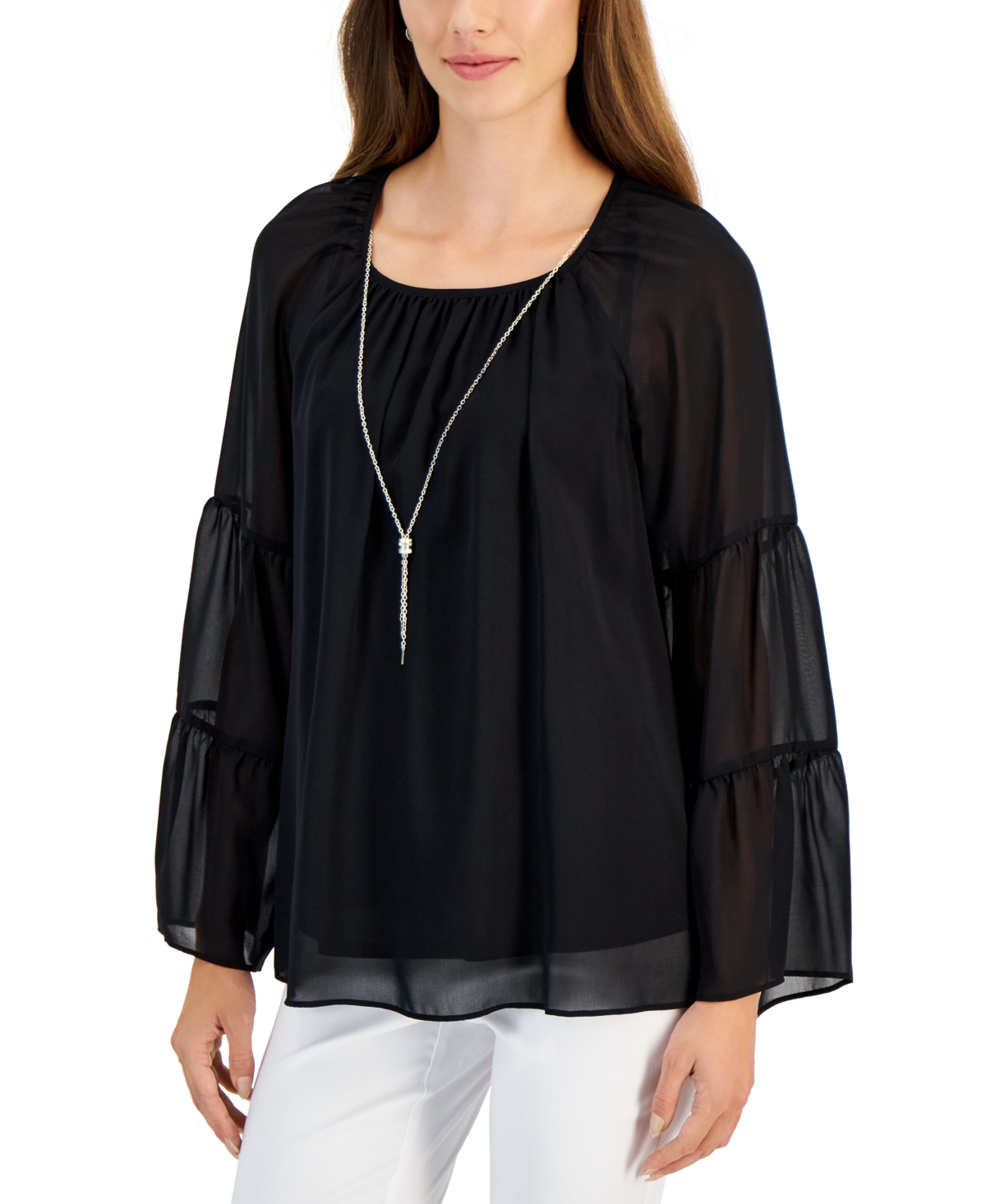 Petite Smocked-Sleeve Necklace Top, Created for Macy's - Deep Black