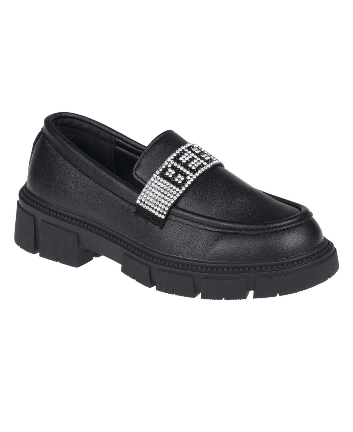 BEBE BIG GIRLS ROUND TOE SLIP-ON CHUNKY LOAFERS WITH RIVET AND RHINESTONES