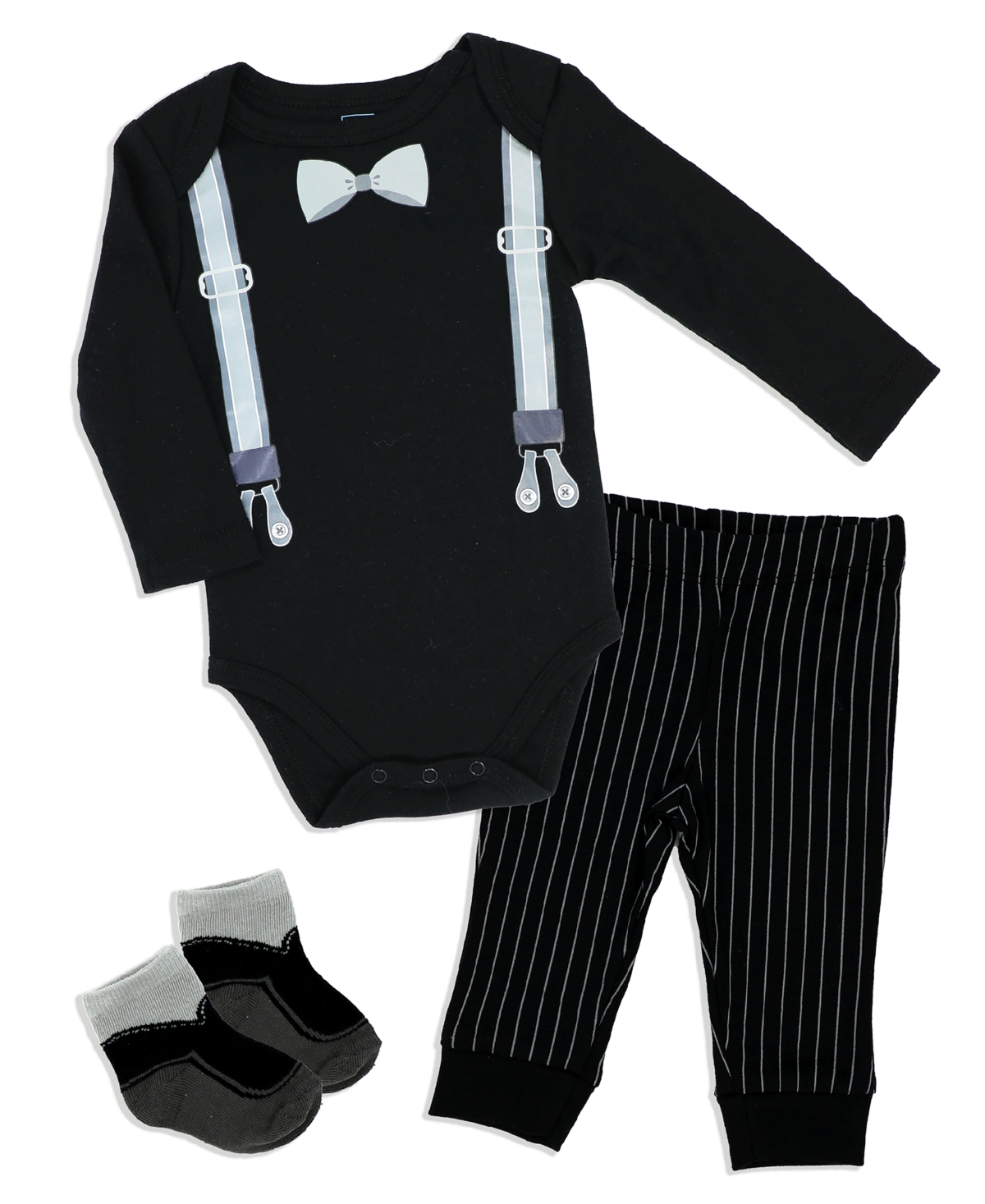 Baby Mode Baby Boys Suspender Bodysuit, Pants And Socks, 3 Piece Set In Black
