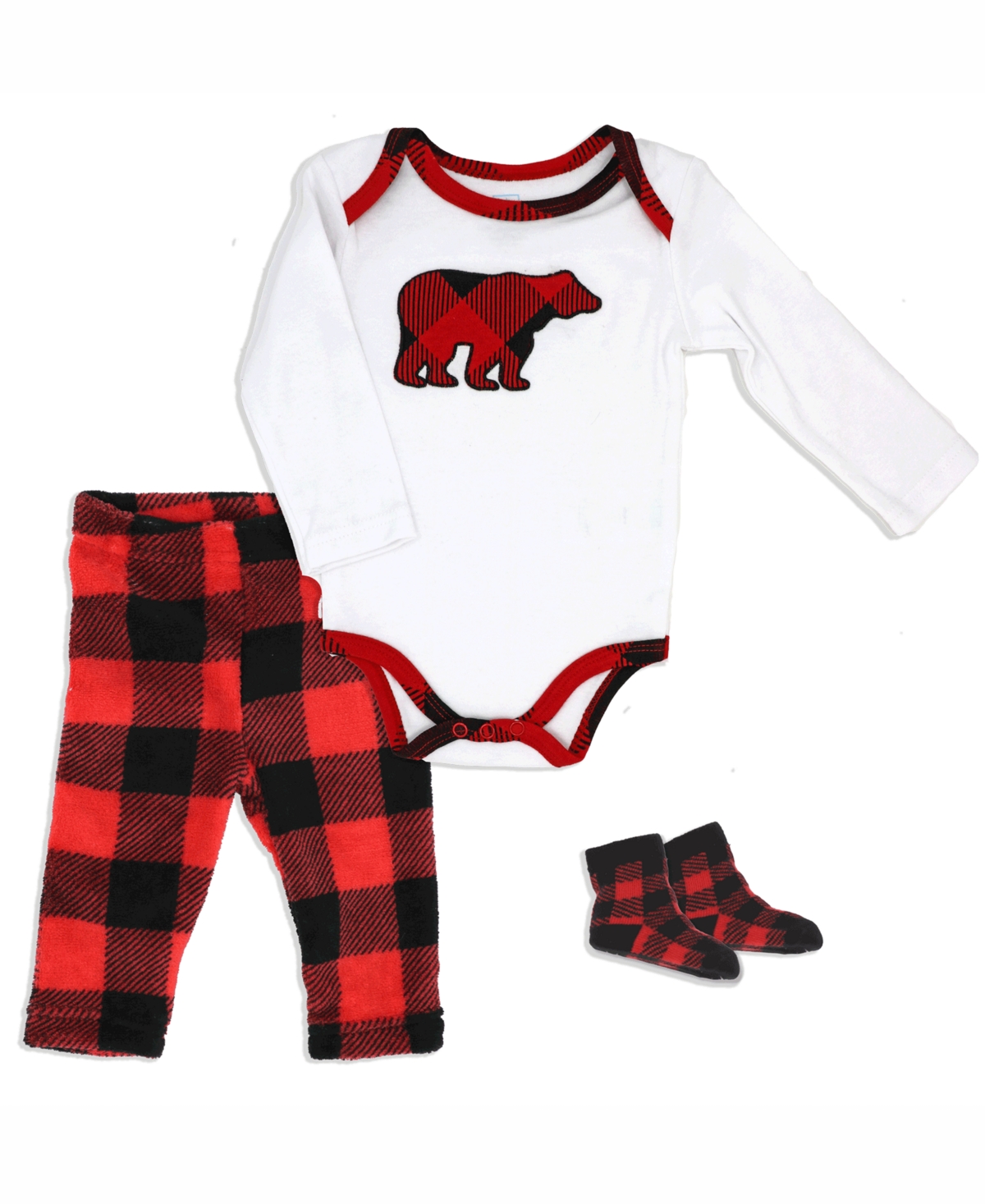 Baby Mode Baby Boys Or Baby Girls Buffalo Plaid Bodysuit, Pants And Socks, 3 Piece Set In Red And Black