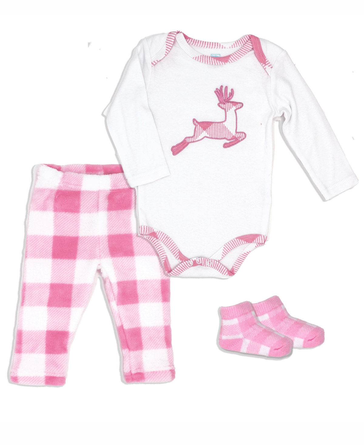 Baby Mode Baby Boys Or Baby Girls Buffalo Plaid Bodysuit, Pants And Socks, 3 Piece Set In Pink And White