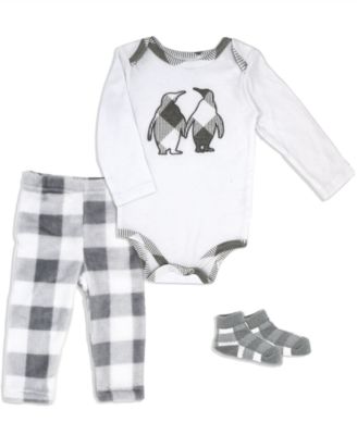 Baby Mode Baby Boys or Baby Girls Buffalo Plaid Bodysuit, Pants and Socks, 3 Piece Set - Gray and White