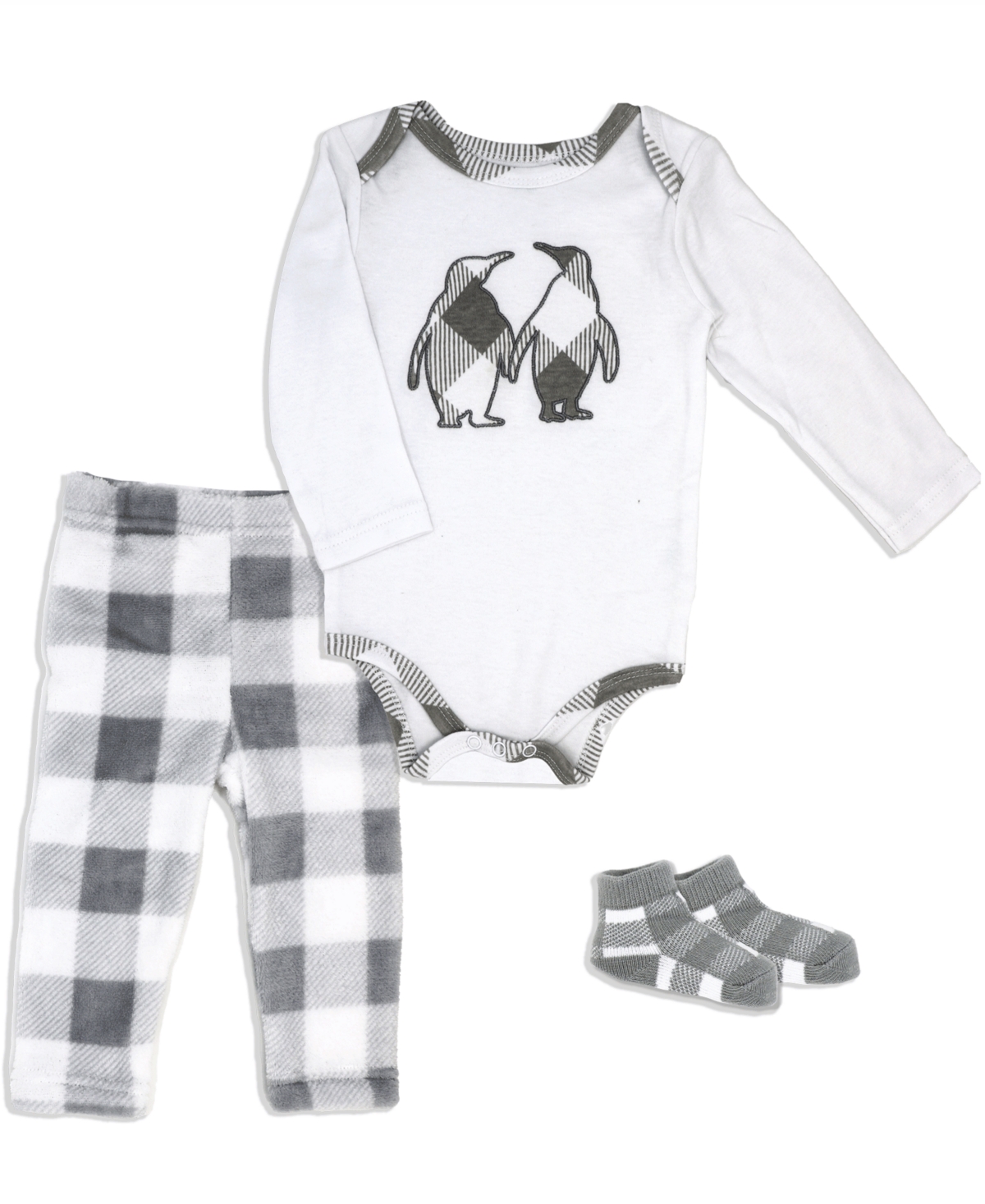 Baby Mode Baby Boys Or Baby Girls Buffalo Plaid Bodysuit, Pants And Socks, 3 Piece Set In Gray And White