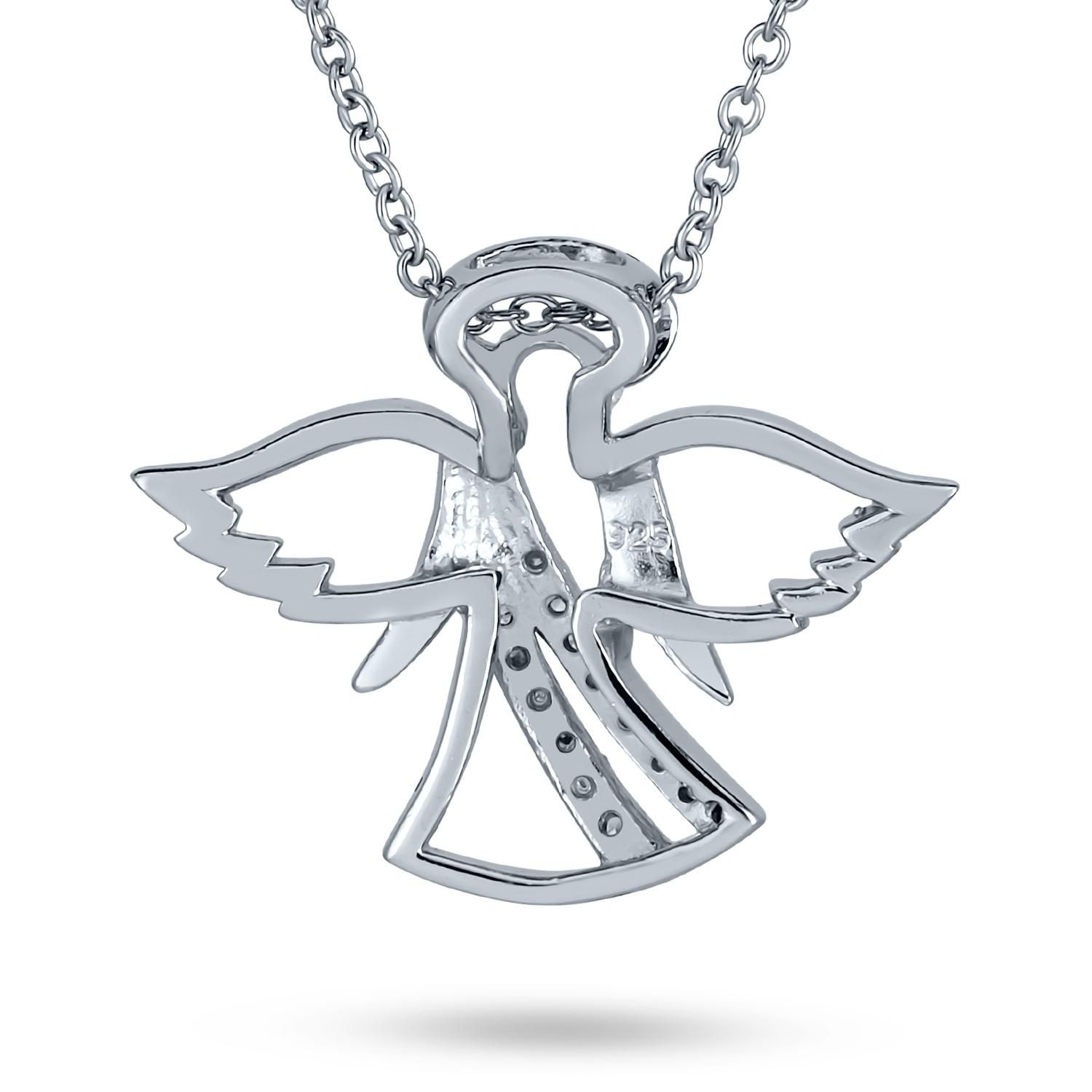 CZ Accent Protection Guardian Angel Pendant Necklace .925 Sterling Silver