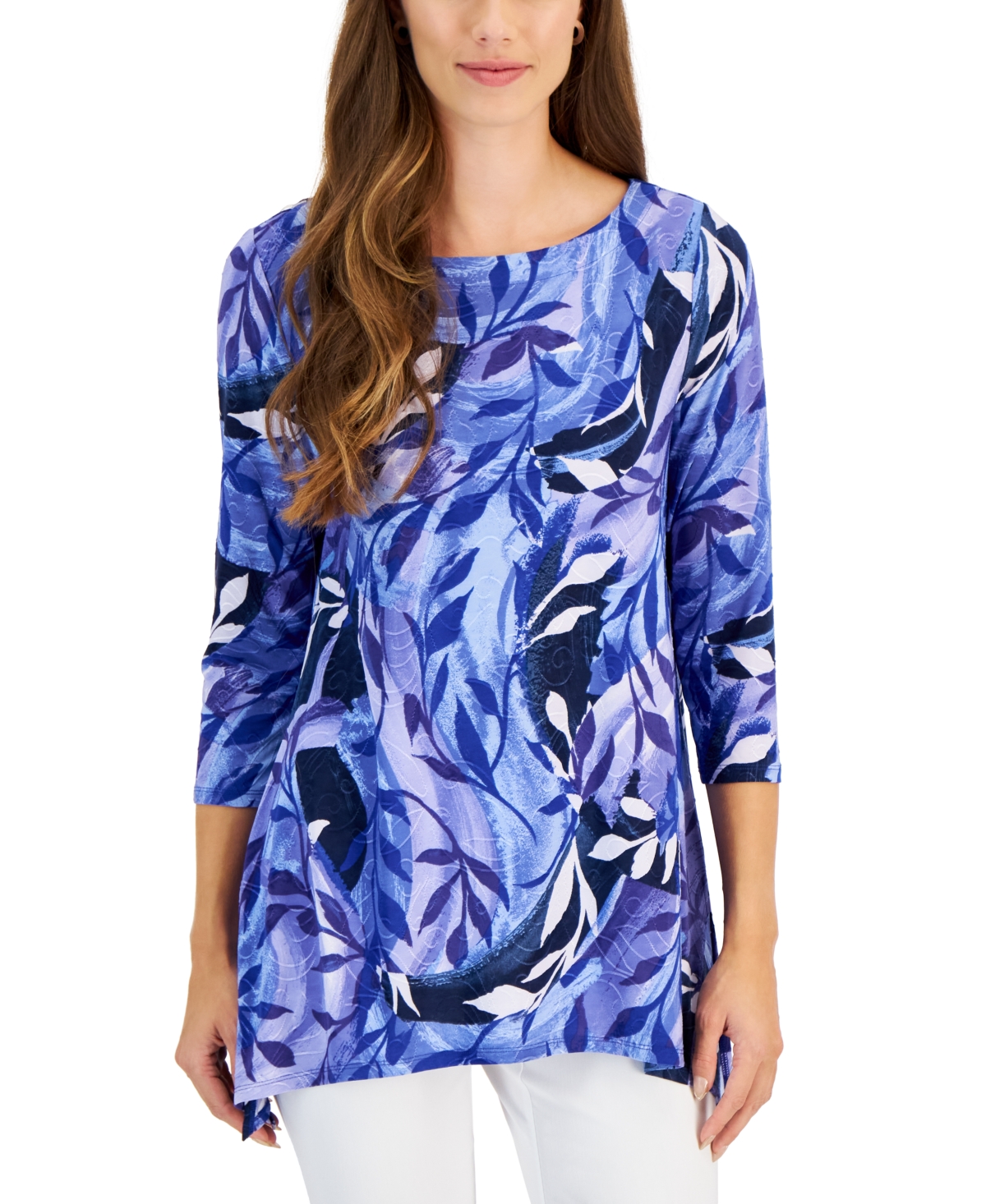 Jm Collection Women's Printed Jacquard Swing Top, Created For Macy's In Modern Blue Combo