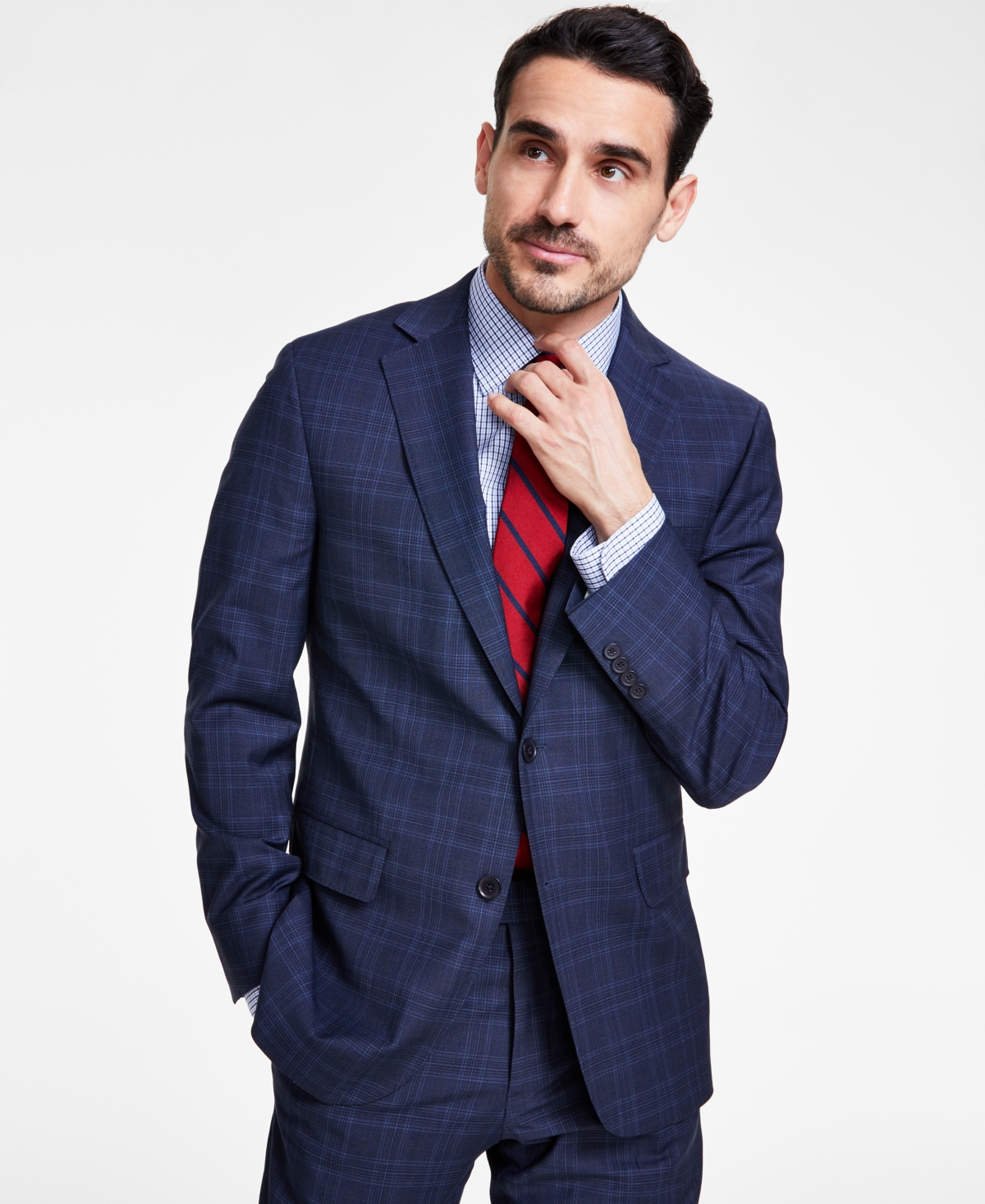 B by Brooks Brothers Men's Classic-Fit Stretch Wool Blend Suit Jacket - Navy Plaid
