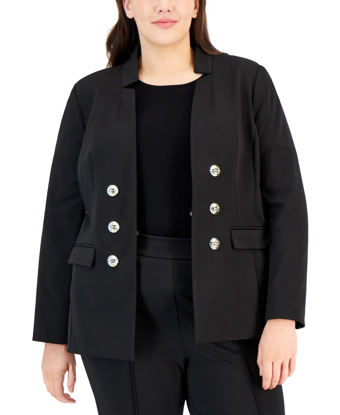 Женский пиджак Tahari ASL Plus Size Ponte Faux-Double-Breasted Blazer, цвет: Чёрный — фото 1