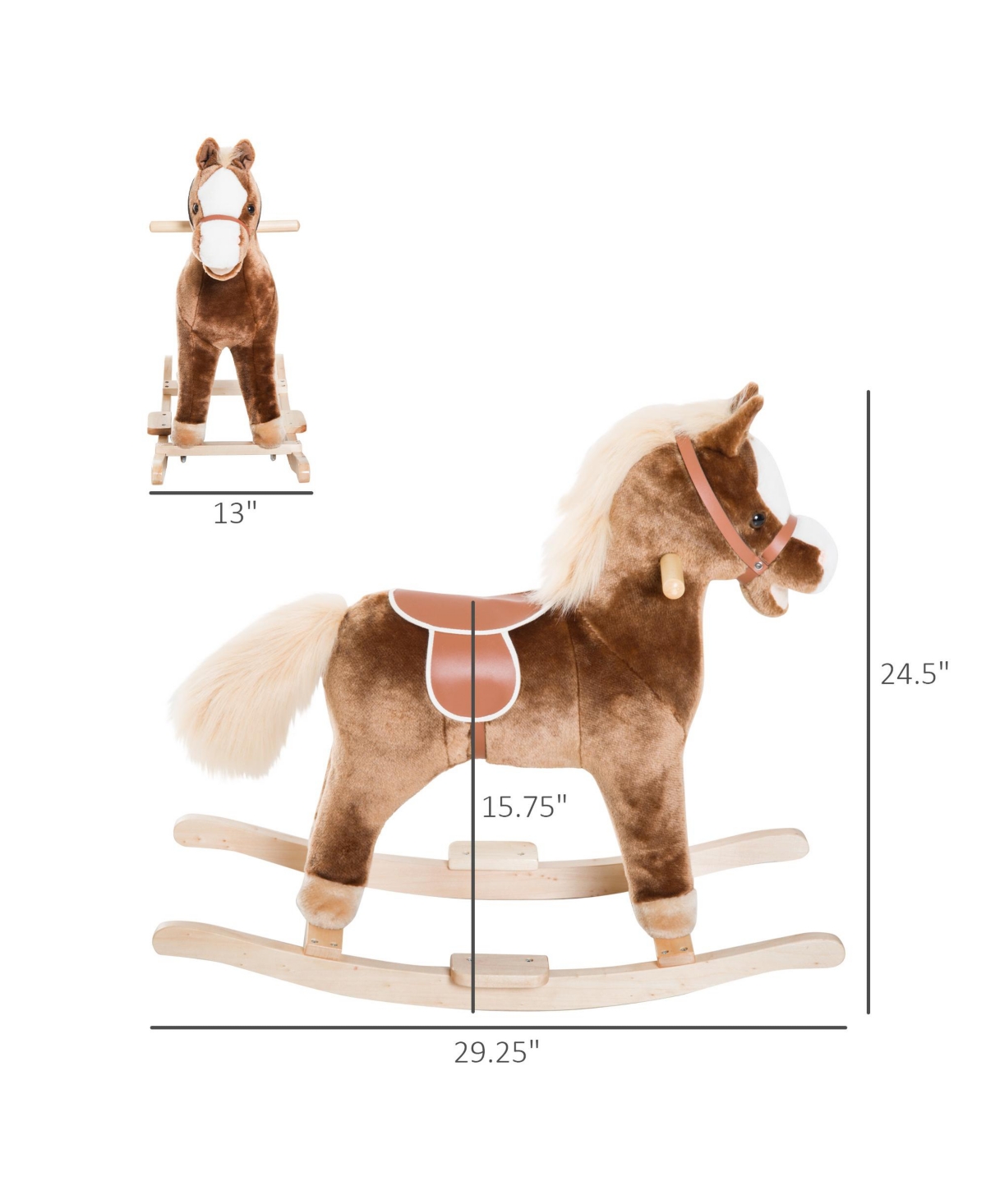 Qaba Kids Rocking Horse, Plush Toddler Rocker, Wooden Base Ride-On Toy with Handle Grip, Traditional Toy for Kids 36M+,- Brown