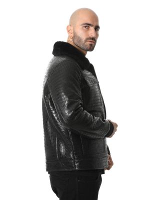 Men's Black Leather Bomber Jacket, Crocodile Emboss