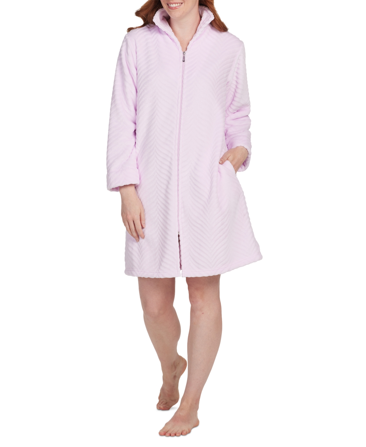 Miss Elaine Women's Solid Long-sleeve Short Zip Fleece Robe In Lavender