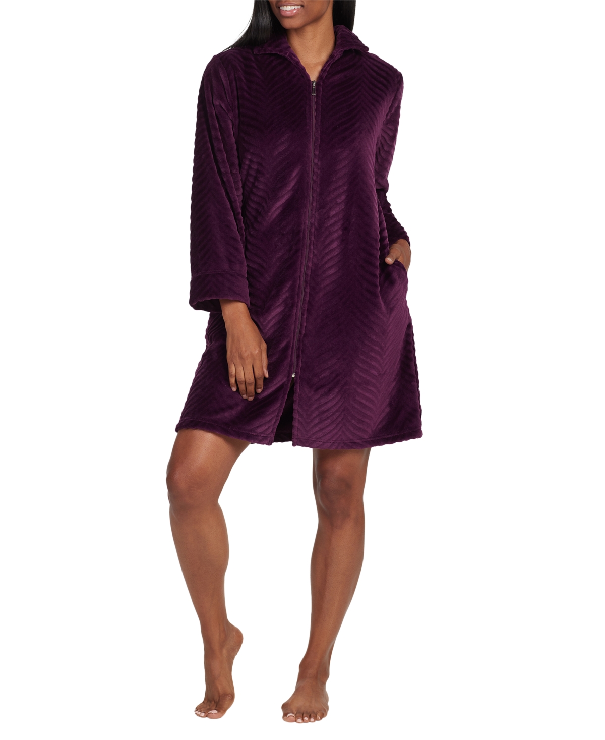 Miss Elaine Women's Solid Long-sleeve Short Zip Fleece Robe In Aubergine