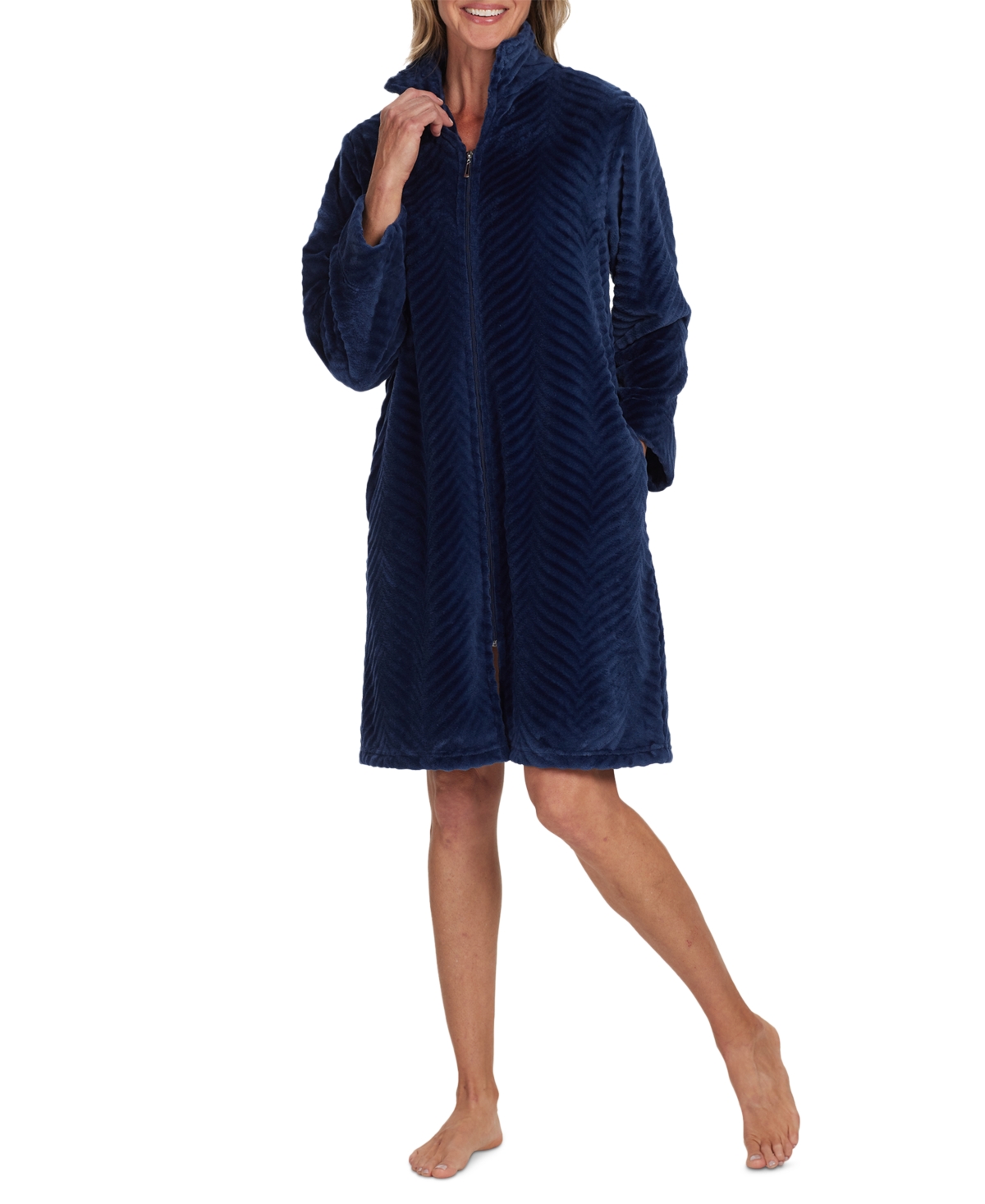 Miss Elaine Women's Solid Long-sleeve Short Zip Fleece Robe In Midnight Blue