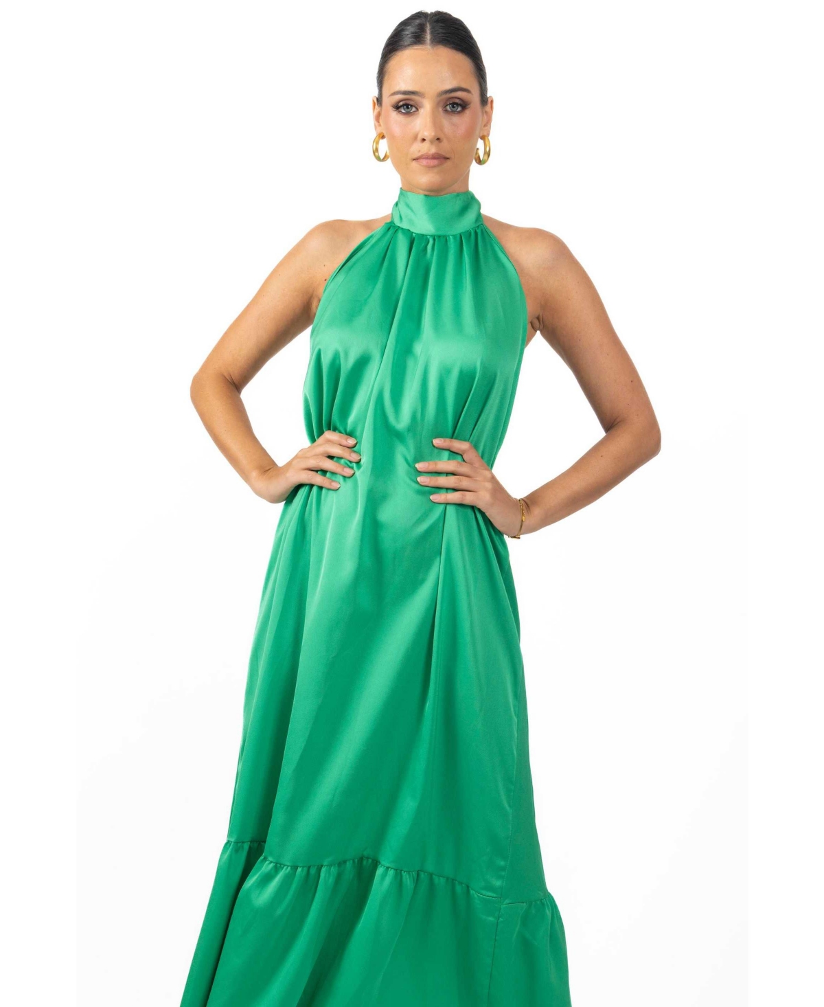 Shop Akalia Nalory Satin Silk Women's Backless Maxi Dress In Green