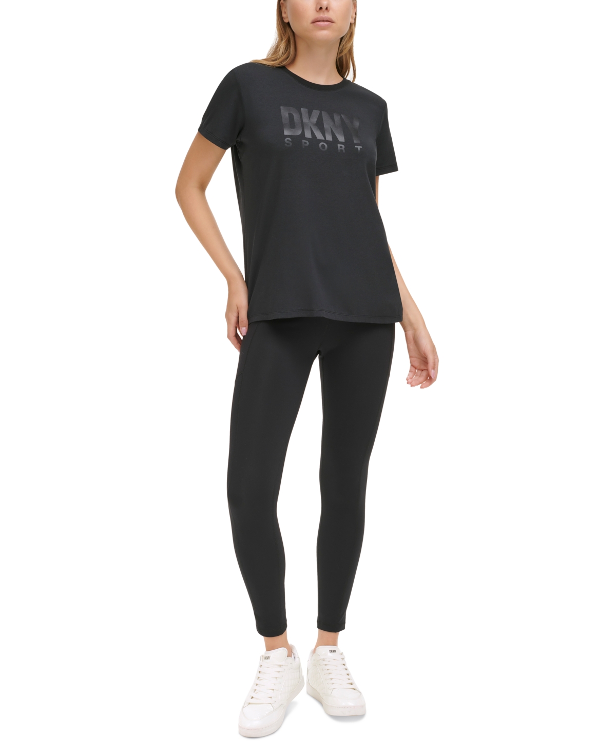 Dkny Sport Women's Short-sleeve Satin Logo T-shirt In Black