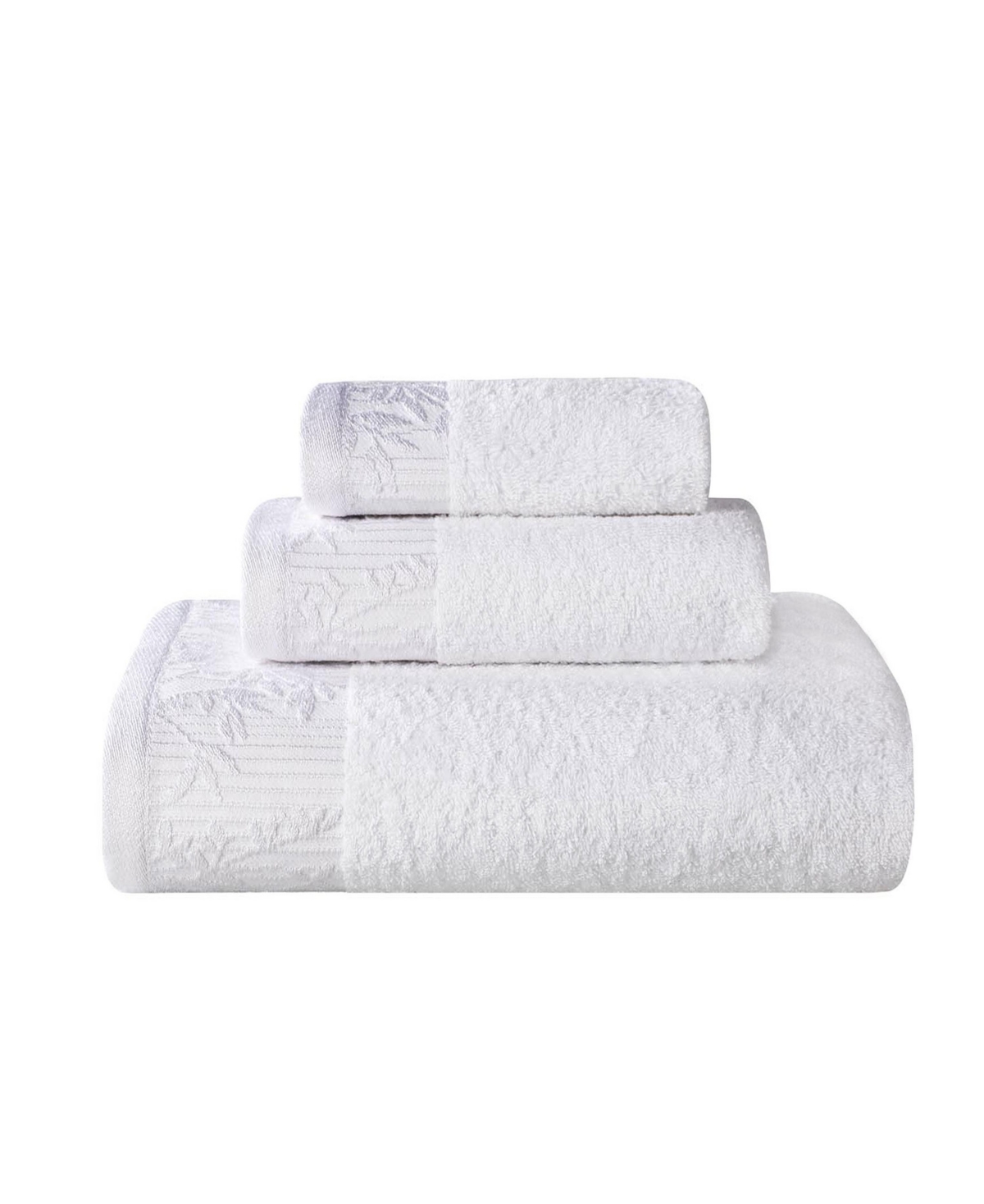 Superior Wisteria Cotton Floral Embroidered Jacquard Border Towel, 3 Piece Set - White-White