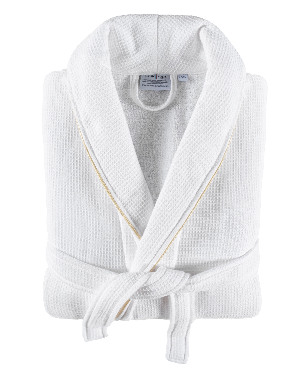 Linum Home Unisex Waffle Weave Terry 100% Turkish Cotton Bathrobe With Satin Piped Trim In White,gold