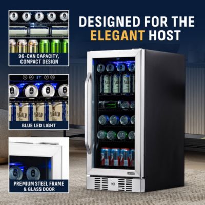 15" Built-in 96 Can Beverage Fridge in Stainless Steel with Precision Temperature Controls and Adjustable Shelves