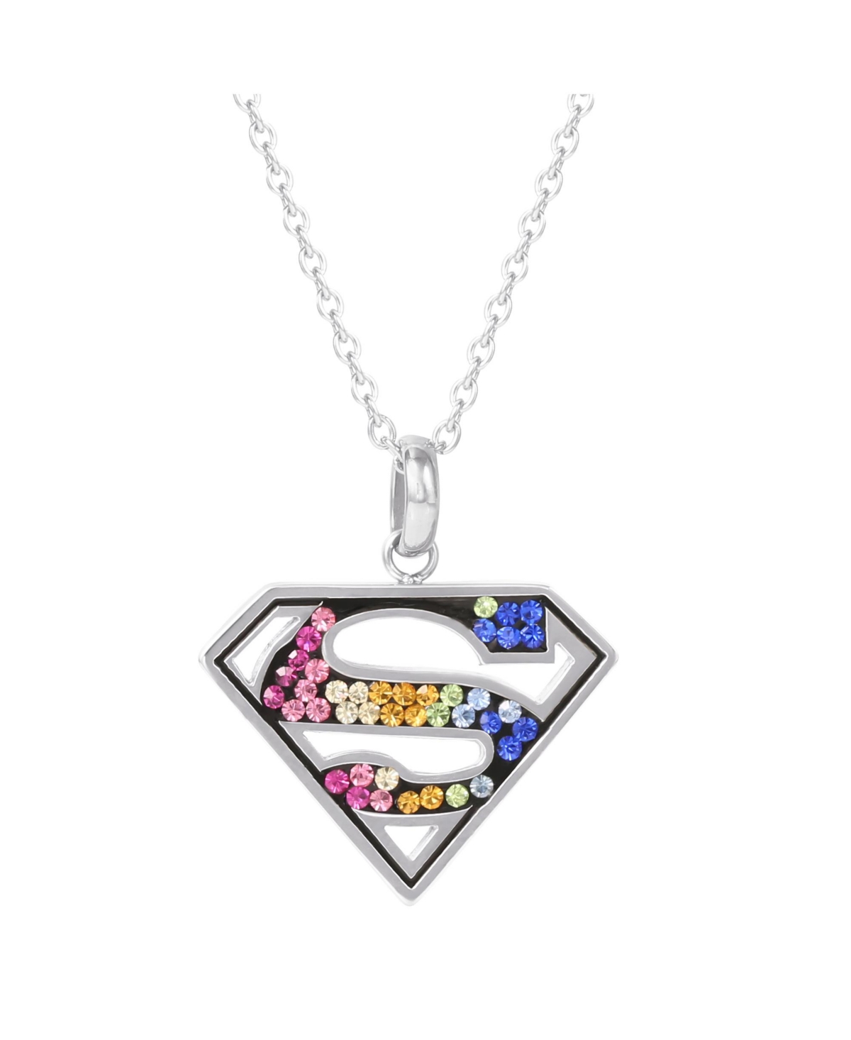 Superman Cutout Stainless Steel Rainbow Crystals Emblem Necklace, 18" - Pink, orange, green, blue