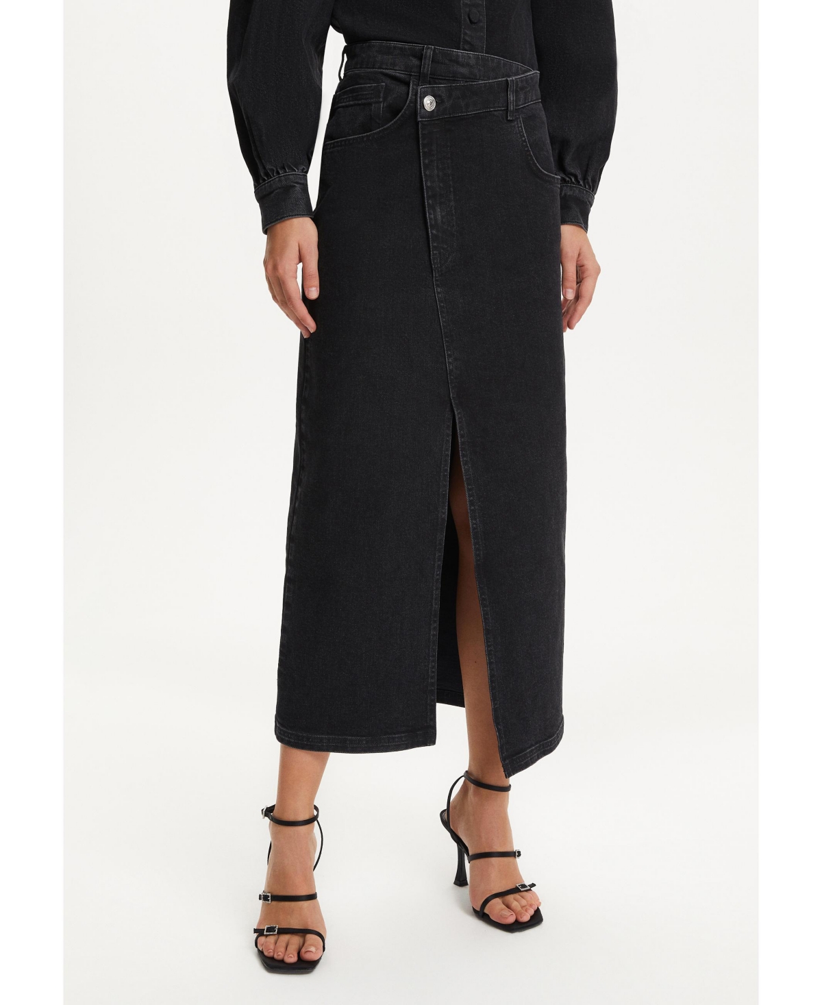 Women's A-line Denim Skirt with Asymmetrical Details - Charcoal