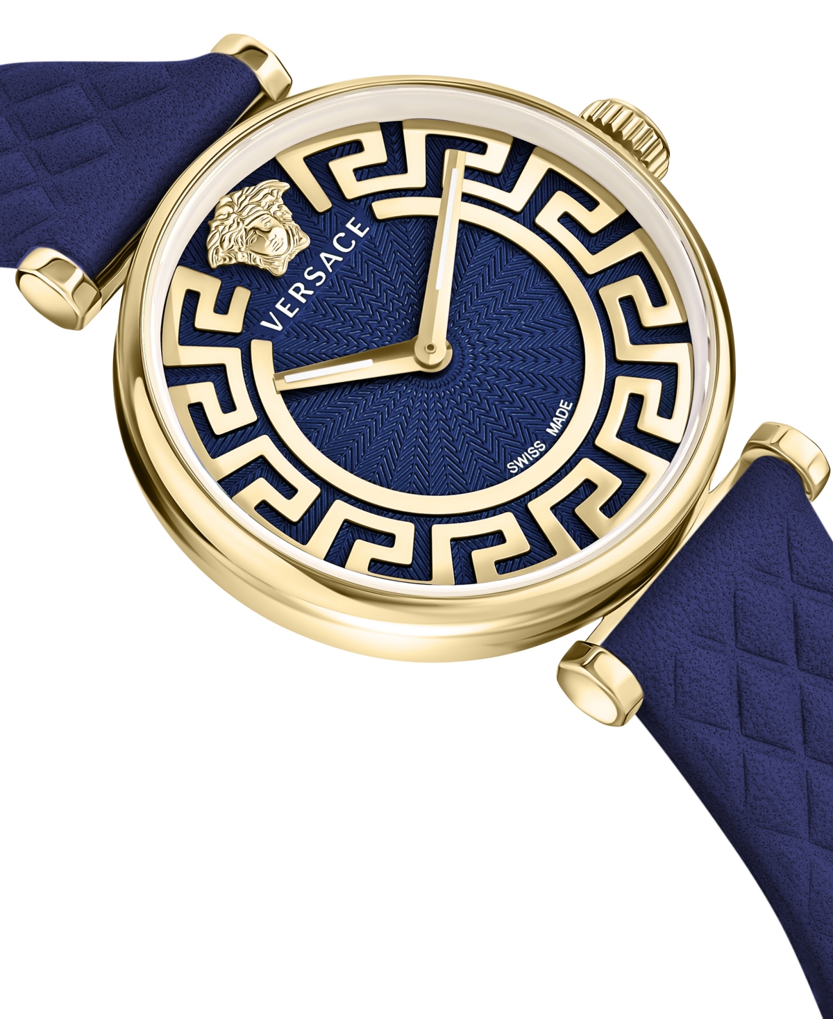 Shop Versace Women's Swiss Greca Chic Blue Leather Strap Watch 35mm In Ip Yellow Gold