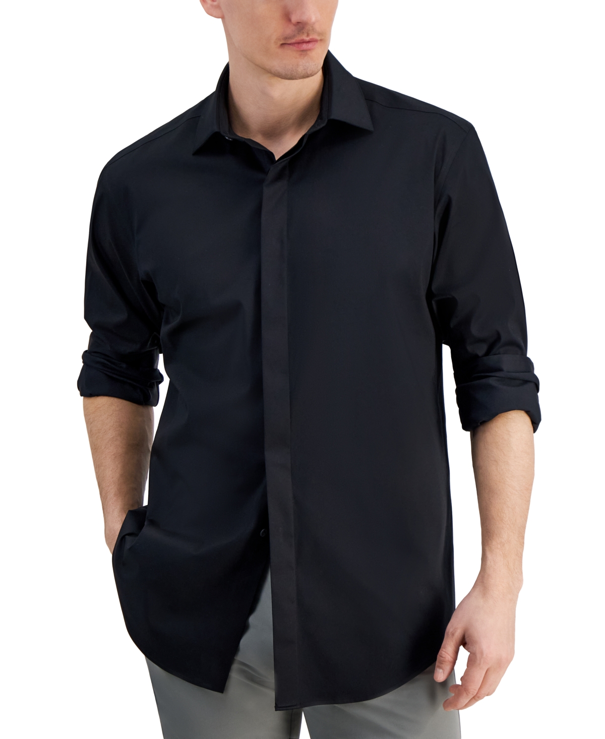 Shop Alfani Men's Solid Dress Shirt, Created For Macy's In Deep Black