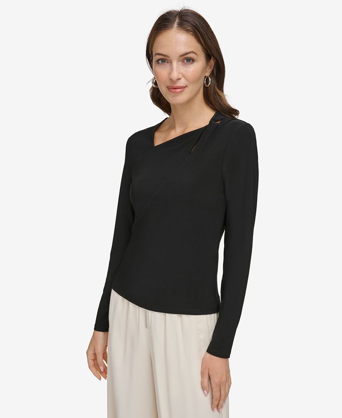 V NECK ASYMMETRICAL HEM LONG SLEEVE KNIT TOP