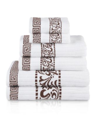 Superior Athens Cotton With Greek Scroll Floral Pattern Assorted Towel Set Collection In Ivory-navy