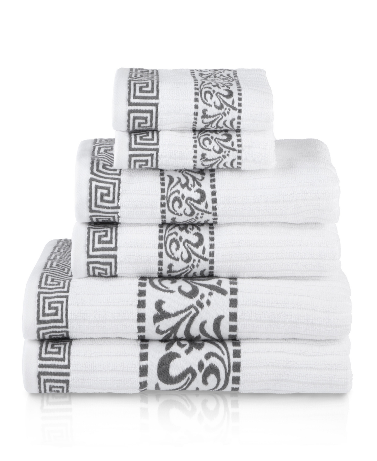 Superior Athens Cotton With Greek Scroll And Floral Pattern Assorted, 6 Piece Bath Towel Set In Gray