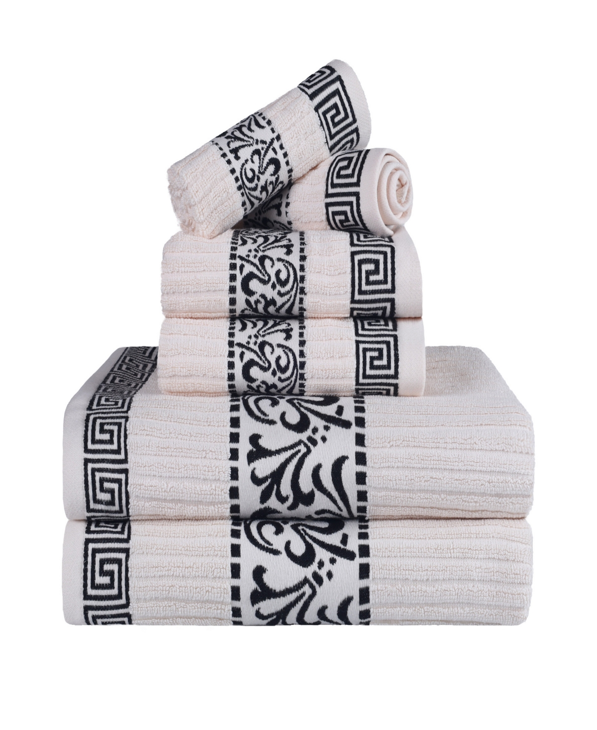 Shop Superior Athens Cotton With Greek Scroll And Floral Pattern Assorted, 6 Piece Bath Towel Set In Ivory-black