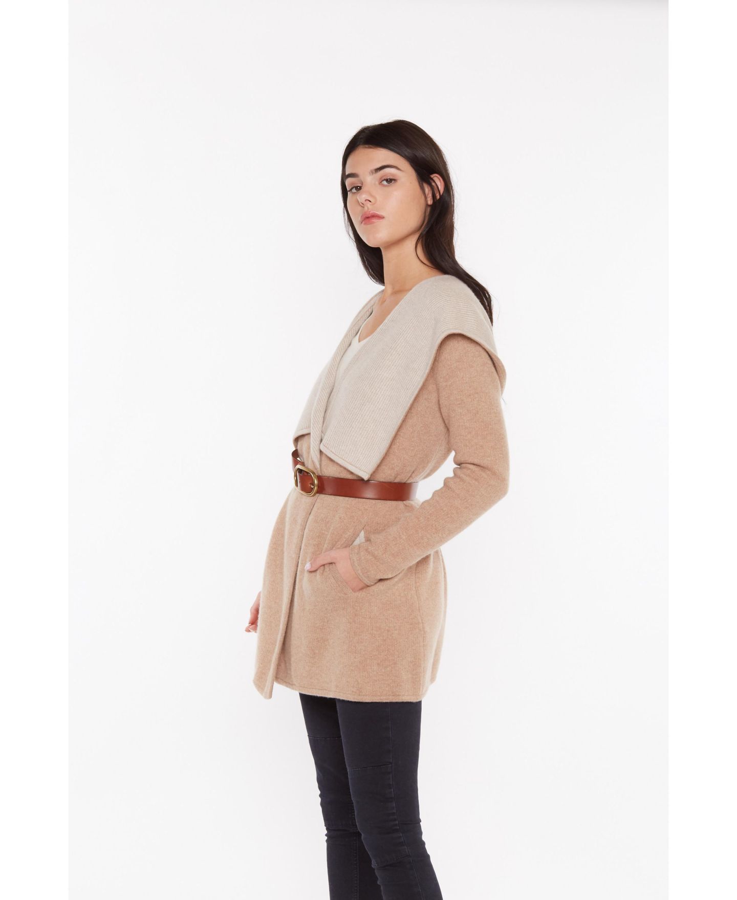 Женский кардиган JENNIE LIU 100% Pure Cashmere Long Sleeve 2-tone Double Face Cascade Open Cardigan, цвет: Верблюжий овсяный — фото 2