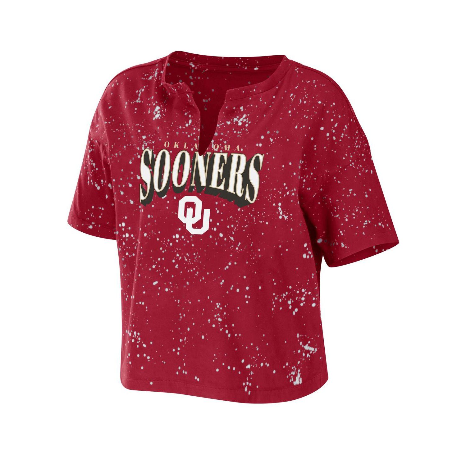 Women's Crimson Oklahoma Sooners Bleach Wash Splatter Cropped Notch Neck T-shirt