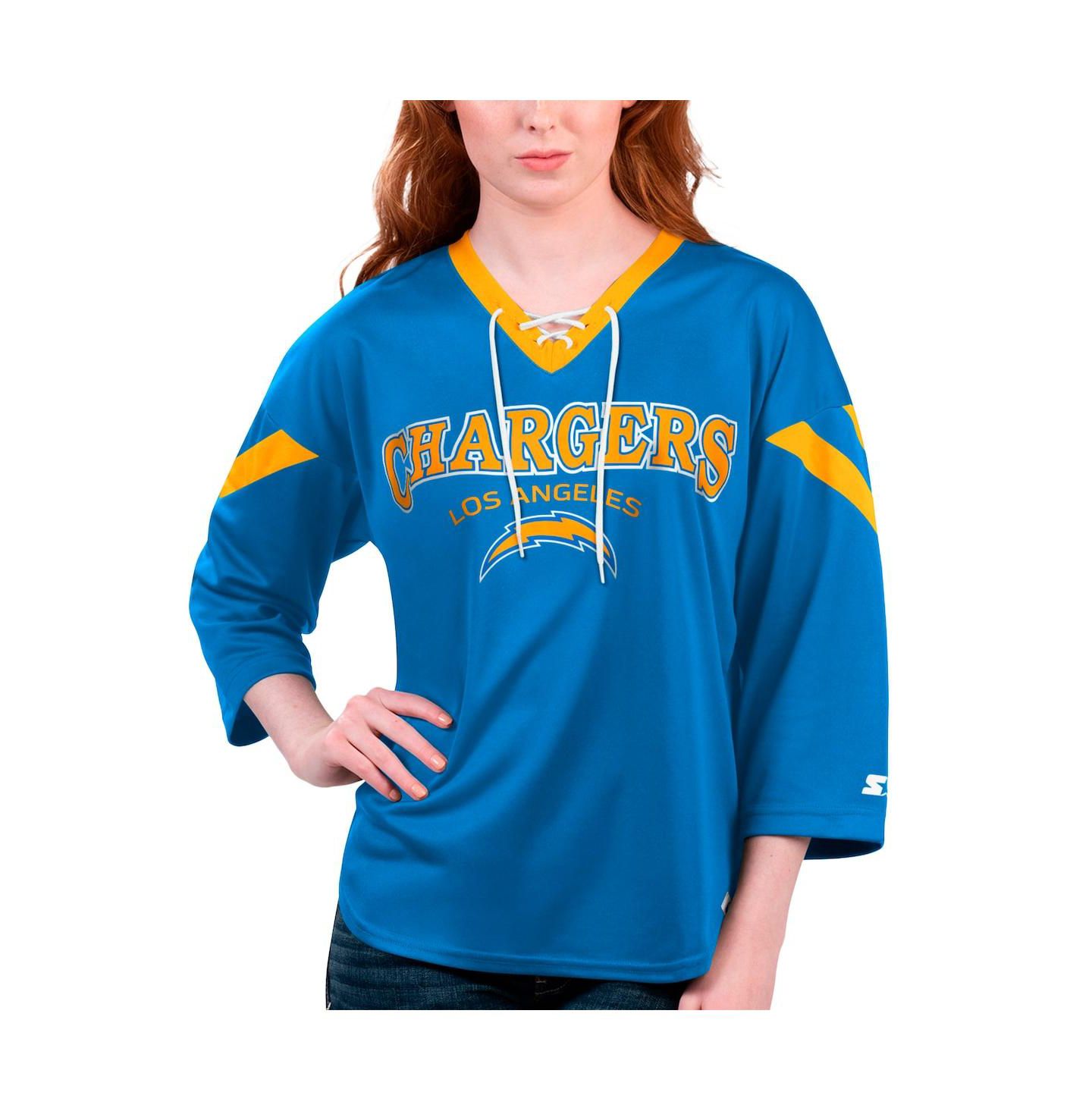 Женская футболка Starter Powder Blue Los Angeles Chargers Rally Lace-Up 3/4 Sleeve — фото 1