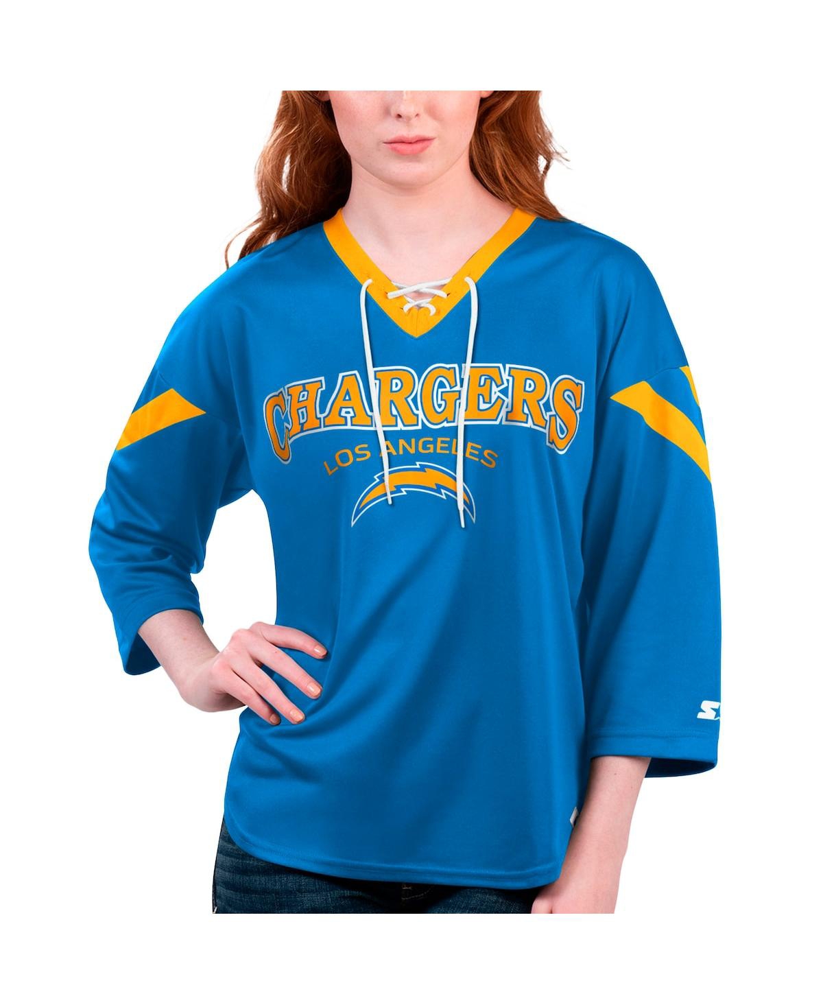 Shop Starter Women's  Powder Blue Los Angeles Chargers Rally Lace-up 3/4 Sleeve T-shirt