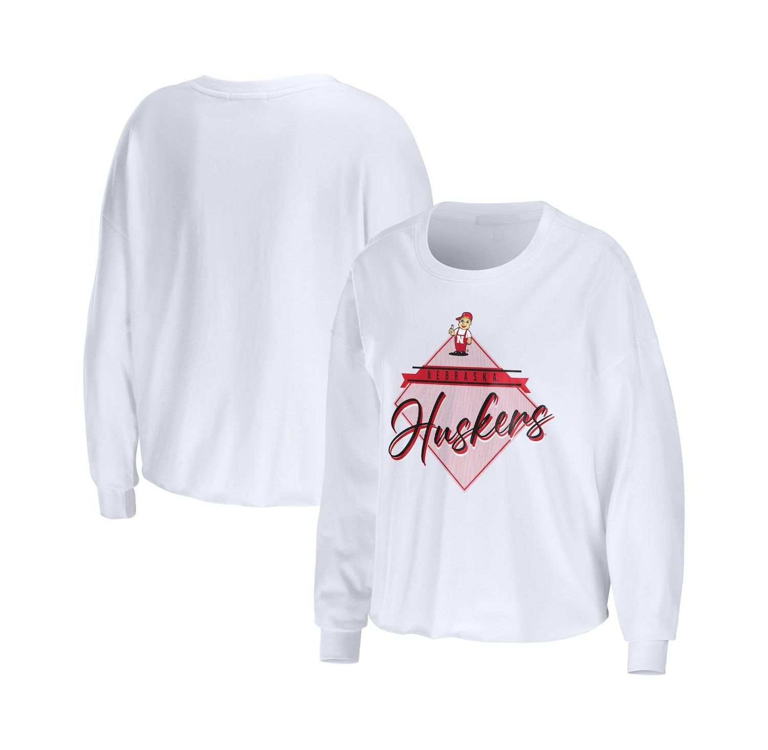 Women's White Nebraska Huskers Diamond Long Sleeve Cropped T-shirt