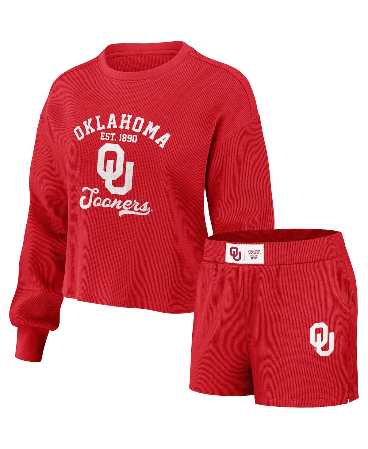 Shop Wear By Erin Andrews Women's  Crimson Distressed Oklahoma Sooners Waffle Knit Long Sleeve T-shirt And