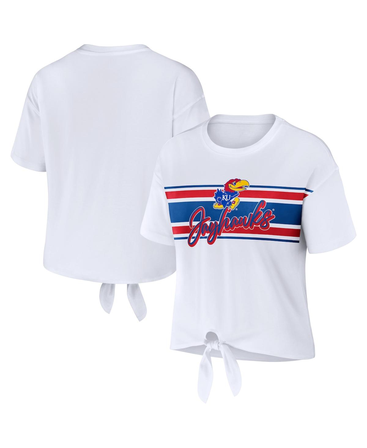 Shop Wear By Erin Andrews Women's  White Kansas Jayhawks Striped Front Knot Cropped T-shirt