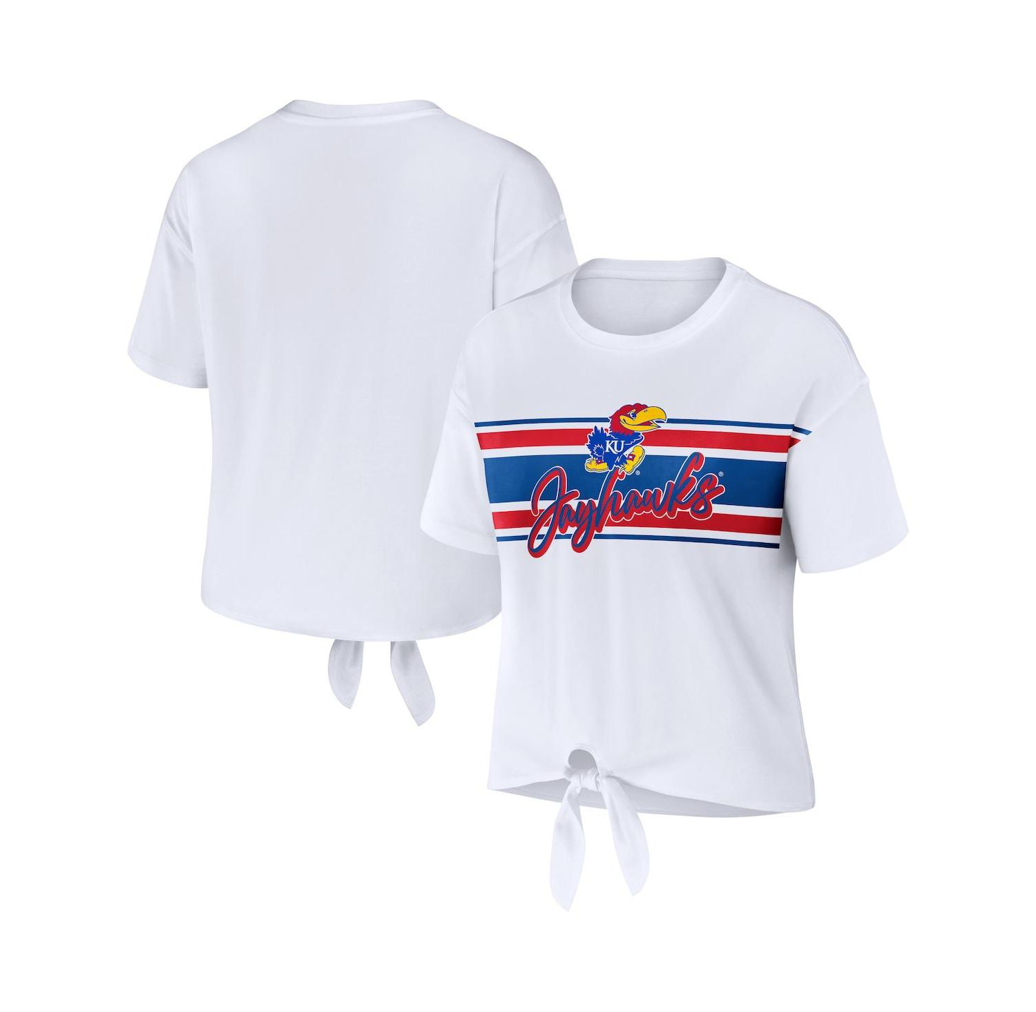 Women's White Kansas Jayhawks Striped Front Knot Cropped T-shirt