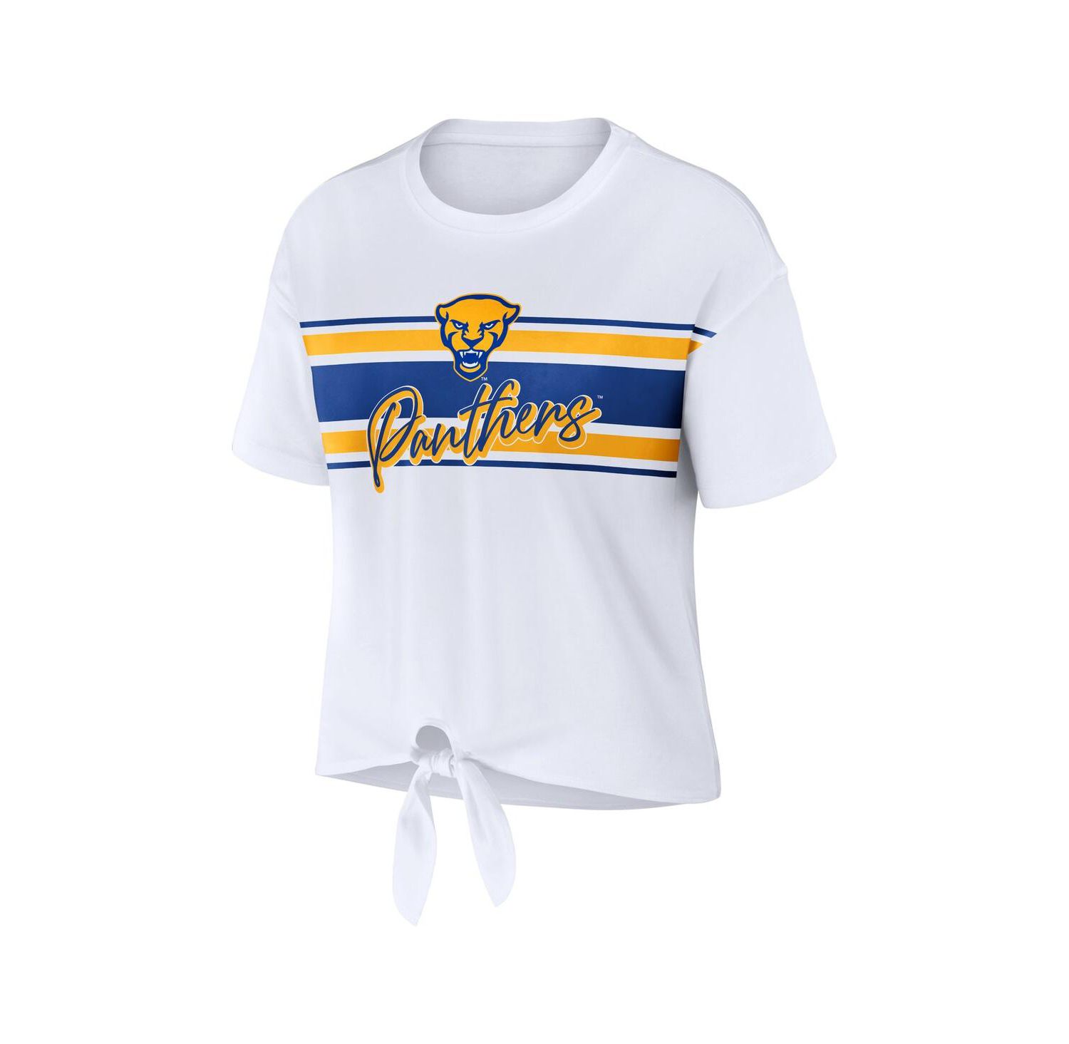 Women's White Pitt Panthers Striped Front Knot Cropped T-shirt
