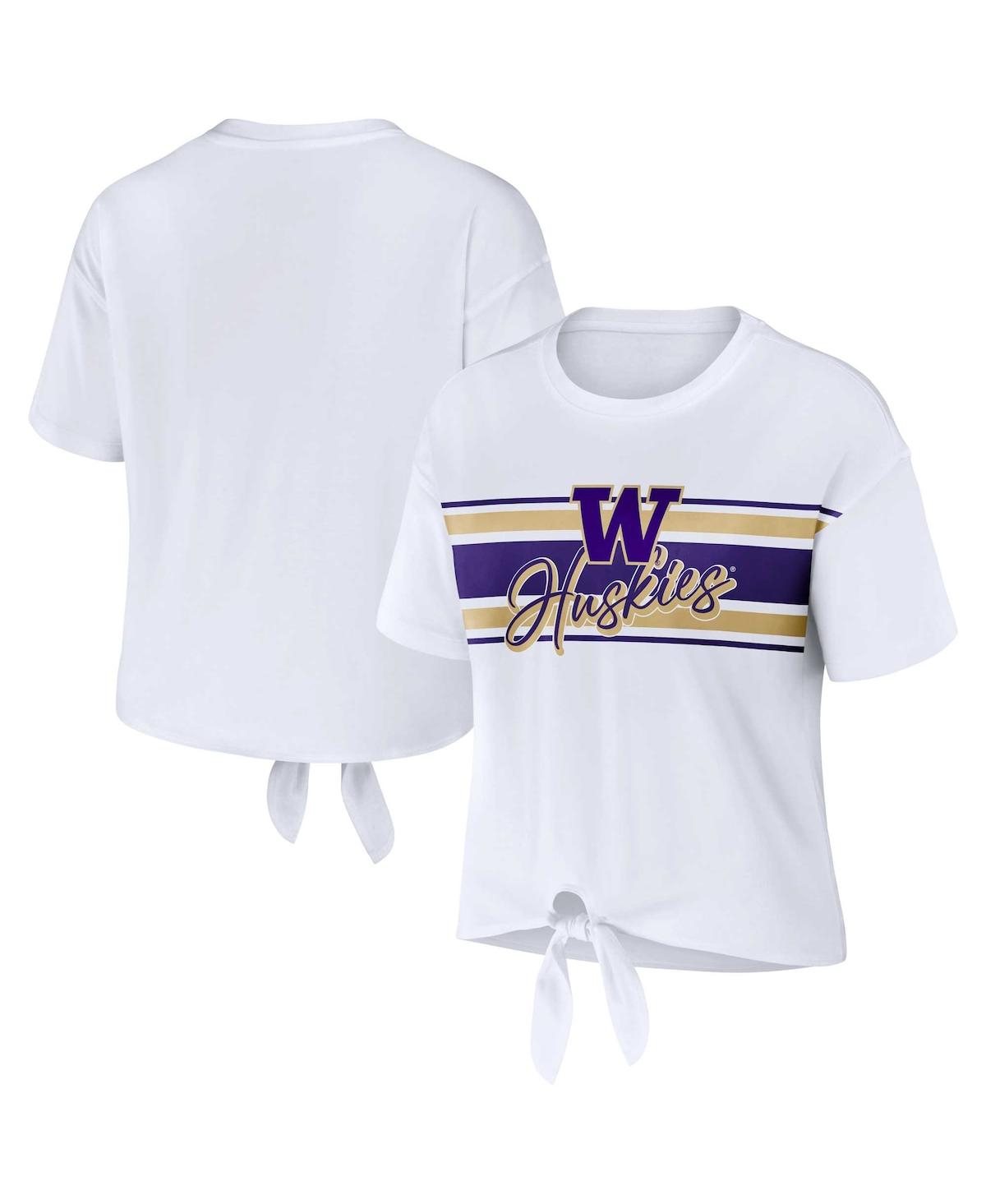Shop Wear By Erin Andrews Women's  White Washington Huskies Striped Front Knot Cropped T-shirt