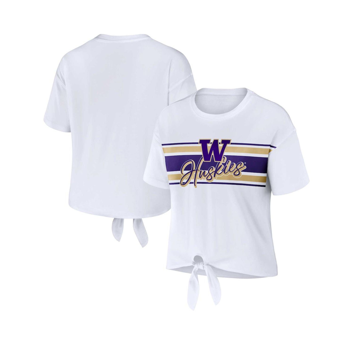 Women's White Washington Huskies Striped Front Knot Cropped T-shirt