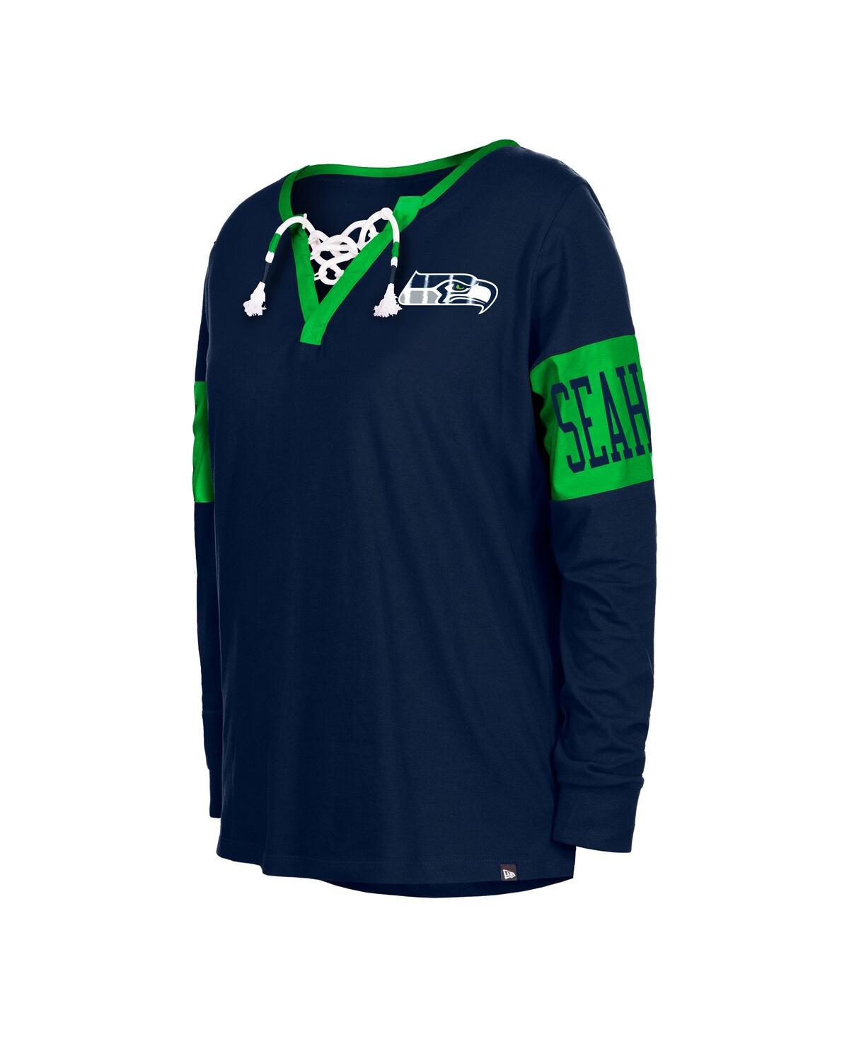 NEW ERA WOMEN'S NEW ERA COLLEGE NAVY SEATTLE SEAHAWKS LACE-UP NOTCH NECK LONG SLEEVE T-SHIRT 